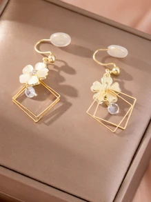 1 par de pendientes cuadrados elegantes con diseño floral para clip, pendientes largos sin perforar para uso diario