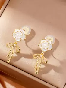1 对白色无穿孔山茶花蝴蝶结形耳环，适合女士，节日礼物情人节 - 白色 - 查看 1