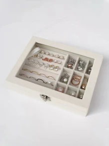 White Flap Velvet Surface Transparent Jewelry Storage Box, Jewelry Case For Rings And Necklaces - White - View 8