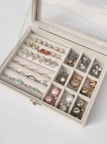 White Flap Velvet Surface Transparent Jewelry Storage Box, Jewelry Case For Rings And Necklaces - White - View 2