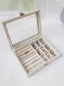 White Flap Velvet Surface Transparent Jewelry Storage Box, Jewelry Case For Rings And Necklaces - White - View 6