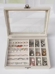 White Flap Velvet Surface Transparent Jewelry Storage Box, Jewelry Case For Rings And Necklaces - White - View 4