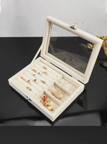 White Flap Velvet Surface Transparent Jewelry Storage Box, Jewelry Case For Rings And Necklaces - White - View 3