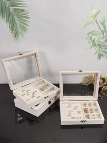 White Flap Velvet Surface Transparent Jewelry Storage Box, Jewelry Case For Rings And Necklaces - White - View 1