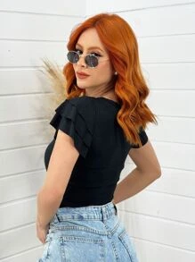 Blusa 3babado Feminina Canelado Manga Blogueira Tendencia Moda Super Envio !! - Preto - Visão 2