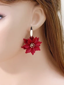 1對歐美風格雙層繪畫花卉形狀女士時尚誇張花瓣吊墜耳環 - 紅色 - 查看 1