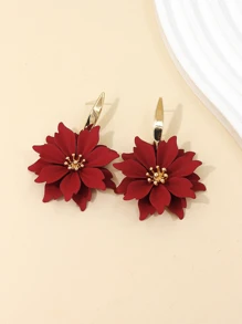 1對歐美風格雙層繪畫花卉形狀女士時尚誇張花瓣吊墜耳環 - 紅色 - 查看 3