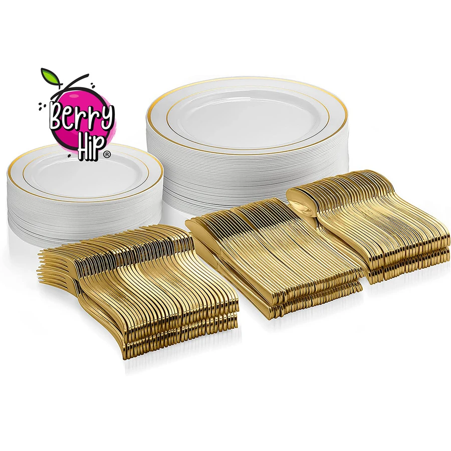 Berry Hip Elegant Premium Disposable Tableware Gold Color 125 Pieces: 50 Plates With Gold Rim, 25 Gold Spoons, 25 Gold Forks, 25 Gold Knives, For 25 Guests - 金色 - 查看 1