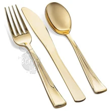 Berry Hip Elegant Premium Disposable Tableware Gold Color 125 Pieces: 50 Plates With Gold Rim, 25 Gold Spoons, 25 Gold Forks, 25 Gold Knives, For 25 Guests - 金色 - 查看 3