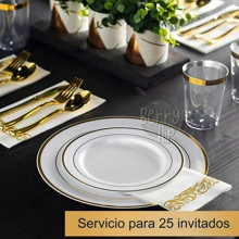Berry Hip Elegant Premium Disposable Tableware Gold Color 125 Pieces: 50 Plates With Gold Rim, 25 Gold Spoons, 25 Gold Forks, 25 Gold Knives, For 25 Guests - 金色 - 查看 4