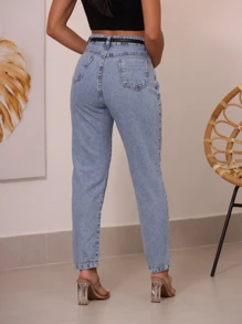WL Moda Calça Jeans mom com cinto Feminina - Lavagem Média - Visão 3