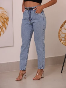 WL Moda Calça Jeans mom com cinto Feminina - Lavagem Média - Visão 5