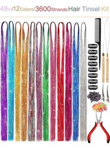 12色髮絲套裝帶工具，36/48英寸2400股女童金屬絲接發 - 彩色 - 查看 1