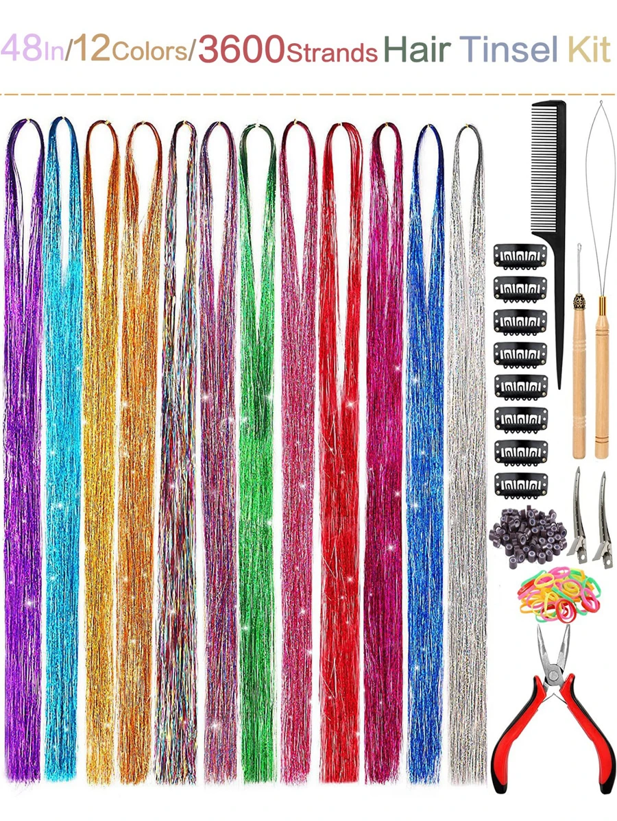 12色髮絲套裝帶工具，36/48英寸2400股女童金屬絲接發 - 彩色 - 查看 1