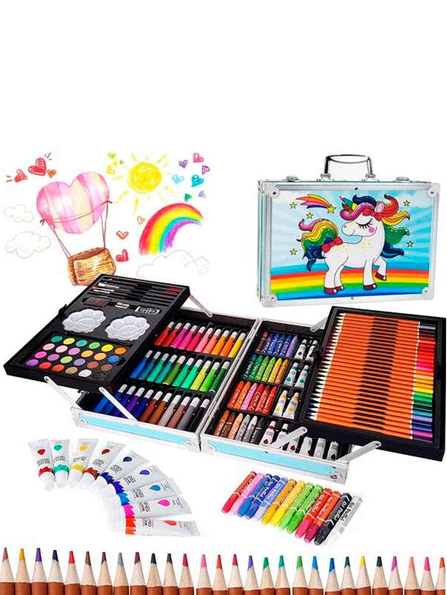 Set Arte Colores Crayones Plumones Acuarelas Maletin Unicornio - Celeste - Ver 1
