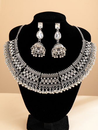 3pcs/Set Vintage Bohemian Rhinestone Inlaid Fashionable Jewelry Set: Necklace & Earrings