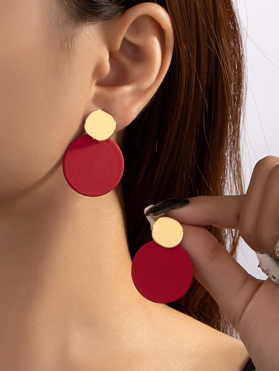 1pair Geometric Asymmetric Enamel Round Stud Earrings - Red - View 1