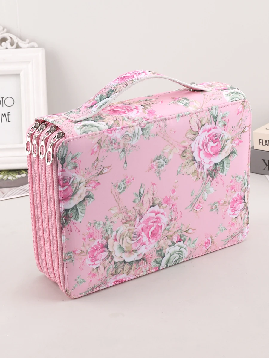 1pc Large Capacity Pencil Case Beautiful Stationery Pencil Case Set With Four Zips, 200 Hole Stationery Bag Rose Pencil Bag With Pull-Out Window Cosmetic Bag - Pink - View 1