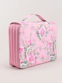 1pc Large Capacity Pencil Case Beautiful Stationery Pencil Case Set With Four Zips, 200 Hole Stationery Bag Rose Pencil Bag With Pull-Out Window Cosmetic Bag - Pink - View 6