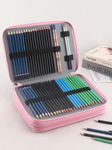 1pc Large Capacity Pencil Case Beautiful Stationery Pencil Case Set With Four Zips, 200 Hole Stationery Bag Rose Pencil Bag With Pull-Out Window Cosmetic Bag - Pink - View 2