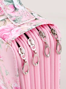 1pc Large Capacity Pencil Case Beautiful Stationery Pencil Case Set With Four Zips, 200 Hole Stationery Bag Rose Pencil Bag With Pull-Out Window Cosmetic Bag - Pink - View 5