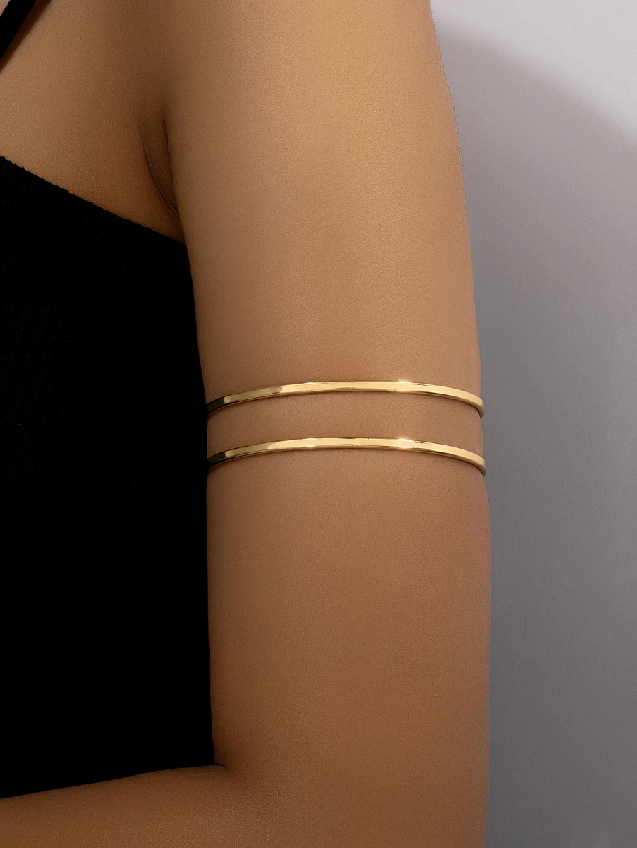 1pc Metallic Geometric Hollow Out Line Detail Open Cuff Bracelet, Stylish & Bold - Yellow Gold - View 1