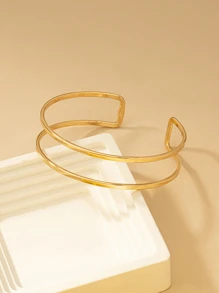 1pc Metallic Geometric Hollow Out Line Detail Open Cuff Bracelet, Stylish & Bold - Yellow Gold - View 4