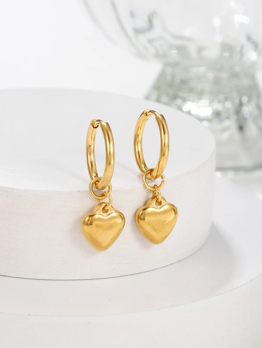 1 对优雅心形吊坠女士耳环由不锈钢制成，是送给情侣情人节、妈妈、母亲、母亲节、礼物的理想礼物 - 金黃色 - 查看 1