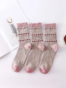 3雙女式可愛時尚中筒襪,金銀色線和粉腮米色混搭,日常穿著