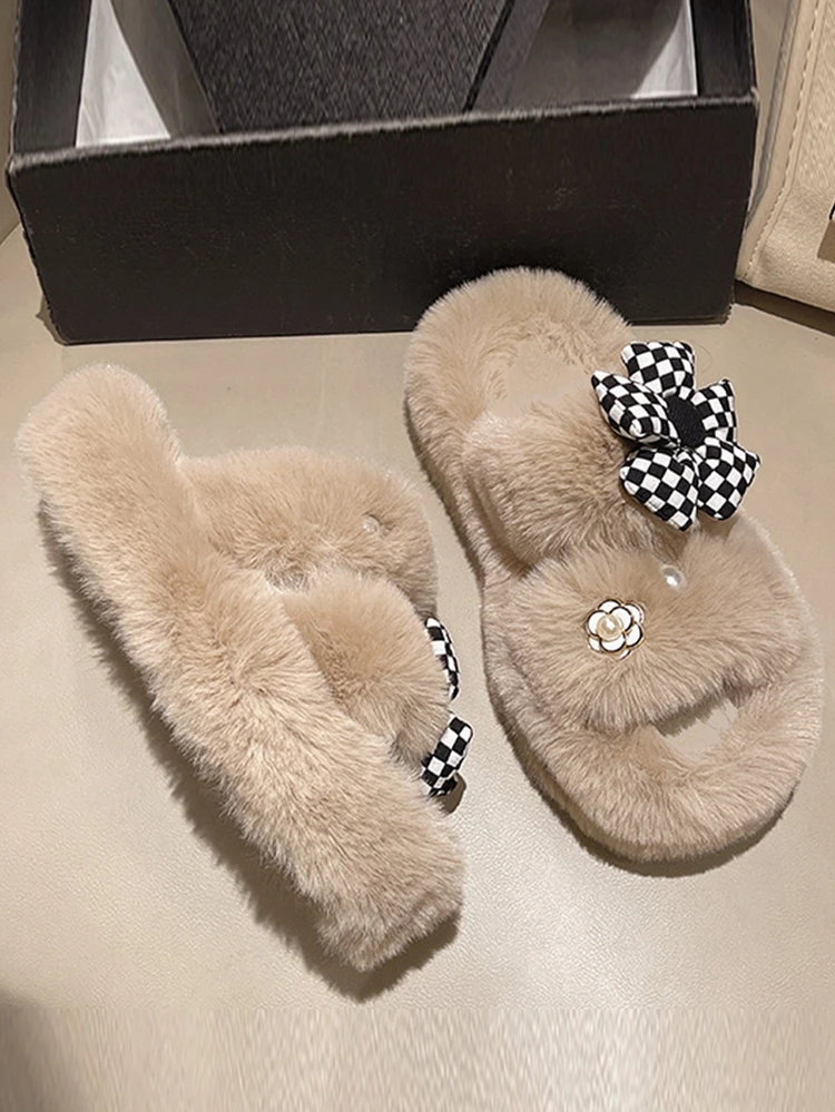 ผู้หญิง รองเท้าแตะ มุกเทียม & ตกแต่ง ดอกไม้ ขนนุ่ม ห้องนอน แฟชั่น - สีกากี - ดู 3