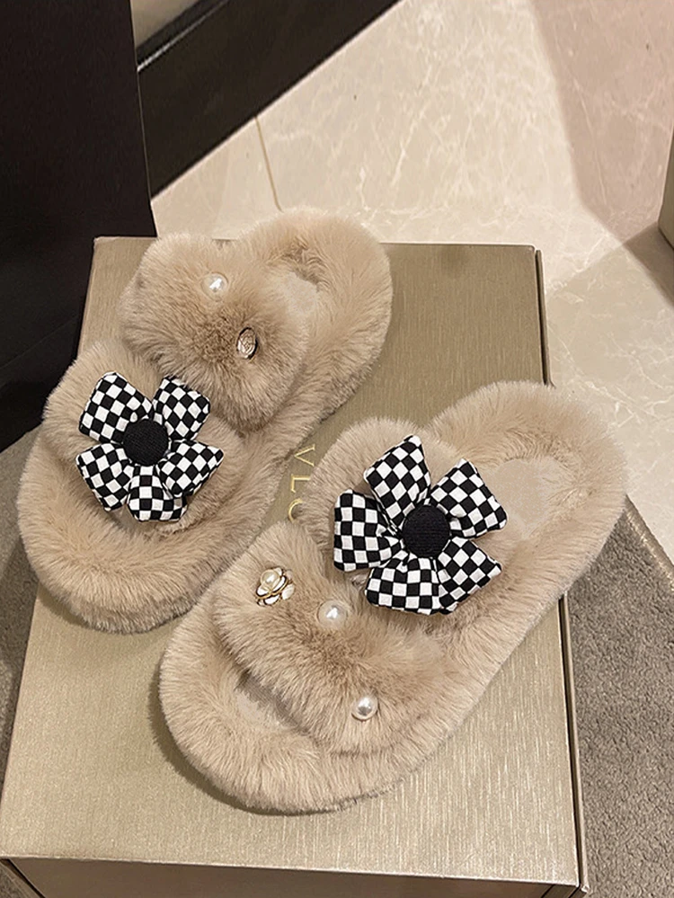 ผู้หญิง รองเท้าแตะ มุกเทียม & ตกแต่ง ดอกไม้ ขนนุ่ม ห้องนอน แฟชั่น - สีกากี - ดู 4