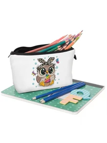 可愛貓頭鷹圖案化妝包,便攜式時尚化妝收納袋,帶拉鍊洗漱包,旅行商務袋 - 白色 - 查看 4