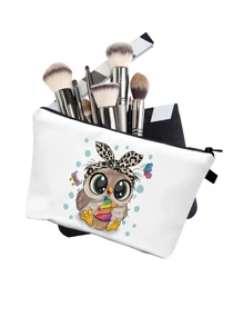 可愛貓頭鷹圖案化妝包,便攜式時尚化妝收納袋,帶拉鍊洗漱包,旅行商務袋 - 白色 - 查看 3