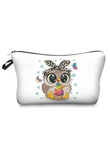 可愛貓頭鷹圖案化妝包,便攜式時尚化妝收納袋,帶拉鍊洗漱包,旅行商務袋 - 白色 - 查看 1