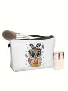 可愛貓頭鷹圖案化妝包,便攜式時尚化妝收納袋,帶拉鍊洗漱包,旅行商務袋 - 白色 - 查看 5