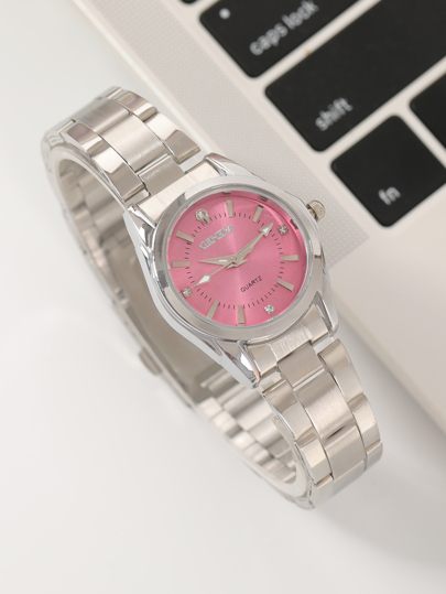 1pc Women Zilver Zinc Alloy Strap able Rhinestone Round Dial Quartz Watch, Life view 2