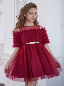 年輕女孩珍珠細節網眼優雅蓬鬆公主表演洋裝適合主持、生日派對、節日、不包括防滑夾