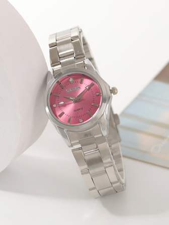 1pc Women Silver Zinc Alloy Strap Fashionable Rhinestone Decor Round Dial Quartz Watch, For Daily Life