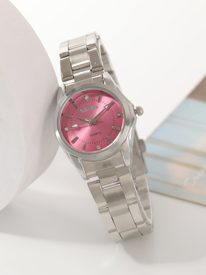 1pc Women Zilver Zinc Alloy Strap able Rhinestone Round Dial Quartz Watch, Life view 3