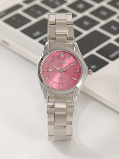 1pc Women Zilver Zinc Alloy Strap able Rhinestone Round Dial Quartz Watch, Life