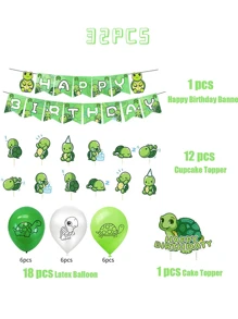 32入組綠色烏龜主題派對用品,生日派對場景裝飾套裝 - 彩色 - 查看 2