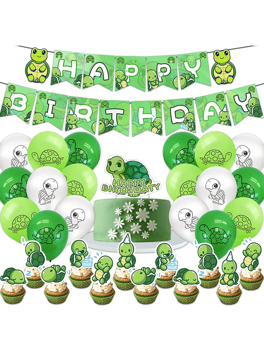 32入組綠色烏龜主題派對用品,生日派對場景裝飾套裝 - 彩色 - 查看 1