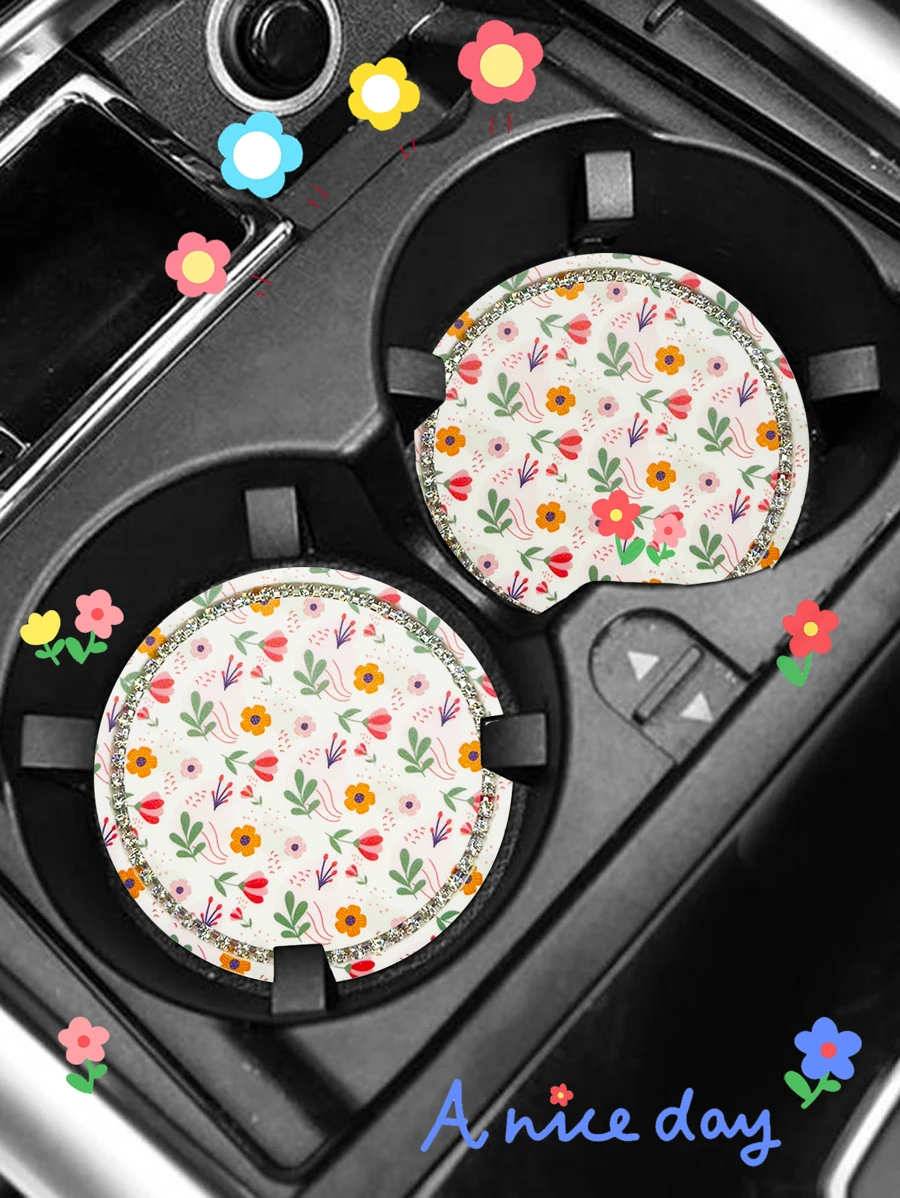 2入組花朵圖案汽車杯墊 - 彩色 - 查看 1