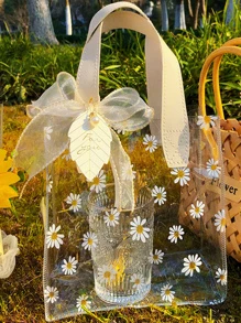 1pc 8 x 7.21inch Portable PVC Gift Bag With Ribbon, Clear Daisy Print Gift Wrapping Bag For Wedding Party - Clear - View 4