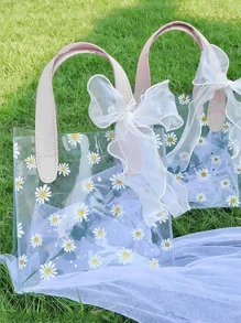 1pc 8 x 7.21inch Portable PVC Gift Bag With Ribbon, Clear Daisy Print Gift Wrapping Bag For Wedding Party - Clear - View 2