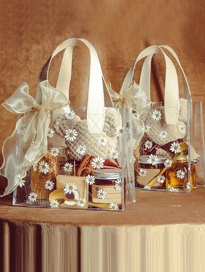 1入組8x7.21英寸帶絲帶便攜式PVC禮品袋，用於婚禮派對透明雛菊印花禮品包裝袋