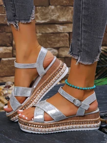 Sandale cu pană cu decorare cu cataramă încrucișată pentru femei, sandale cu pană pentru vacanță în aer liber - Argint - Vizualizare 2