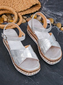 Sandale cu pană cu decorare cu cataramă încrucișată pentru femei, sandale cu pană pentru vacanță în aer liber - Argint - Vizualizare 4
