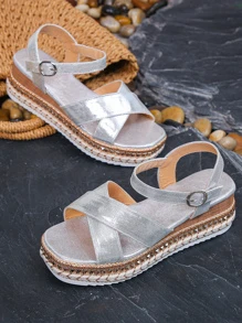 Sandale cu pană cu decorare cu cataramă încrucișată pentru femei, sandale cu pană pentru vacanță în aer liber - Argint - Vizualizare 5