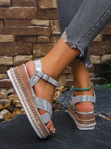 Sandale cu pană cu decorare cu cataramă încrucișată pentru femei, sandale cu pană pentru vacanță în aer liber - Argint - Vizualizare 3